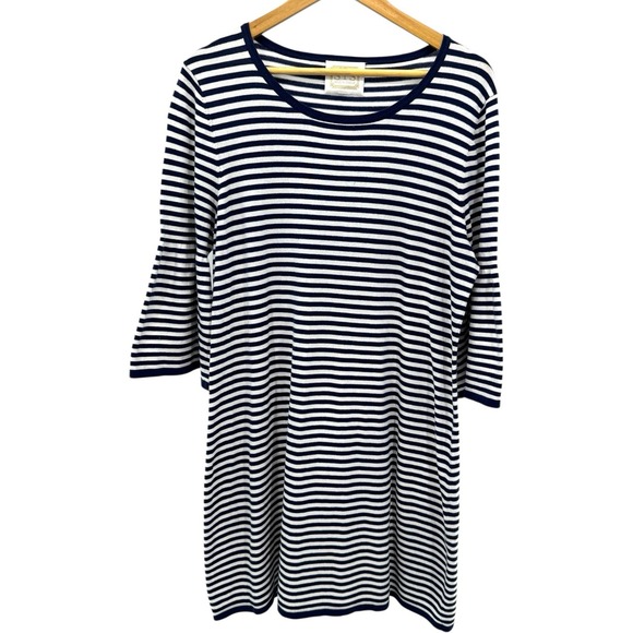 Sail to Sable Navy Stripe Bell Sleeve Shift Dress L Nautical Preppy Coastal - Picture 1 of 5